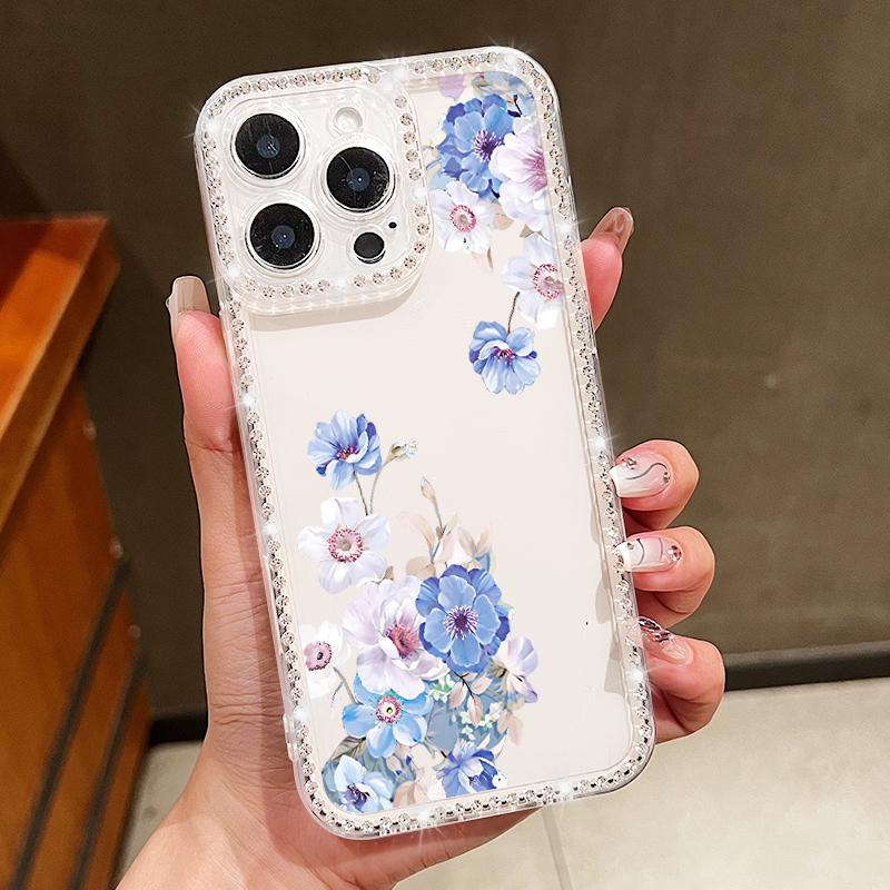 Прозрачный мягкий силиконовый чехол с цветочным узором для iPhone 16E 16 Pro Max 15 Pro 14 13 12 11, противоударный прозрачный чехол для телефона с алмазной рамкой