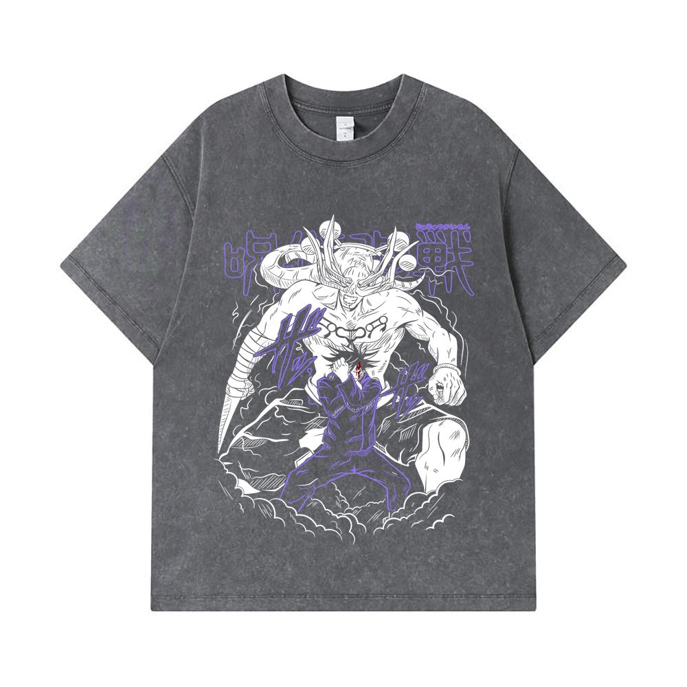 275 GSM Washed T-shirts 100% Cotton Jujutsu Kaisen V35 Mahoraga Print Unisex Heavy Cotton T Shirt