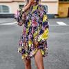 Women's O Neck Long Sleeve Loose All Match Casual Printed Floral Short Dress