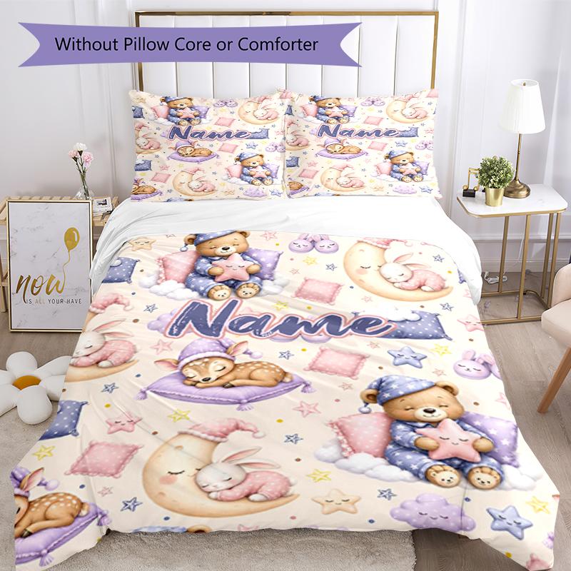 3pcs Custom Name Bear Bedding Set Duvet Cover Closure Includes 1 Duvet Cover & 2 Pillowcases, Soft and Comfortable for All Seasons.