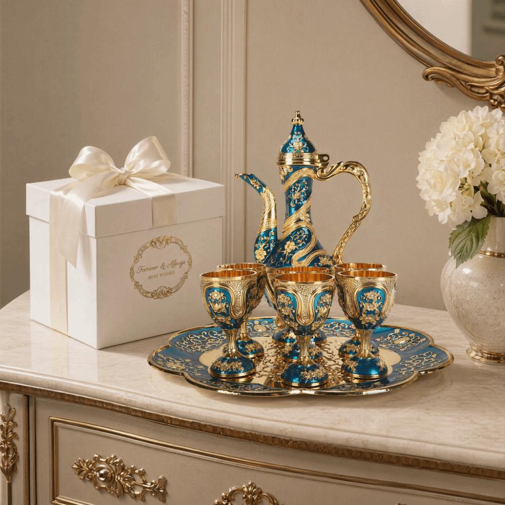 8pcs Gold Blue Vintage Tea Set Zinc Alloy Coffee Pot Cup Set Tea Pot Cup Set For Home Decor