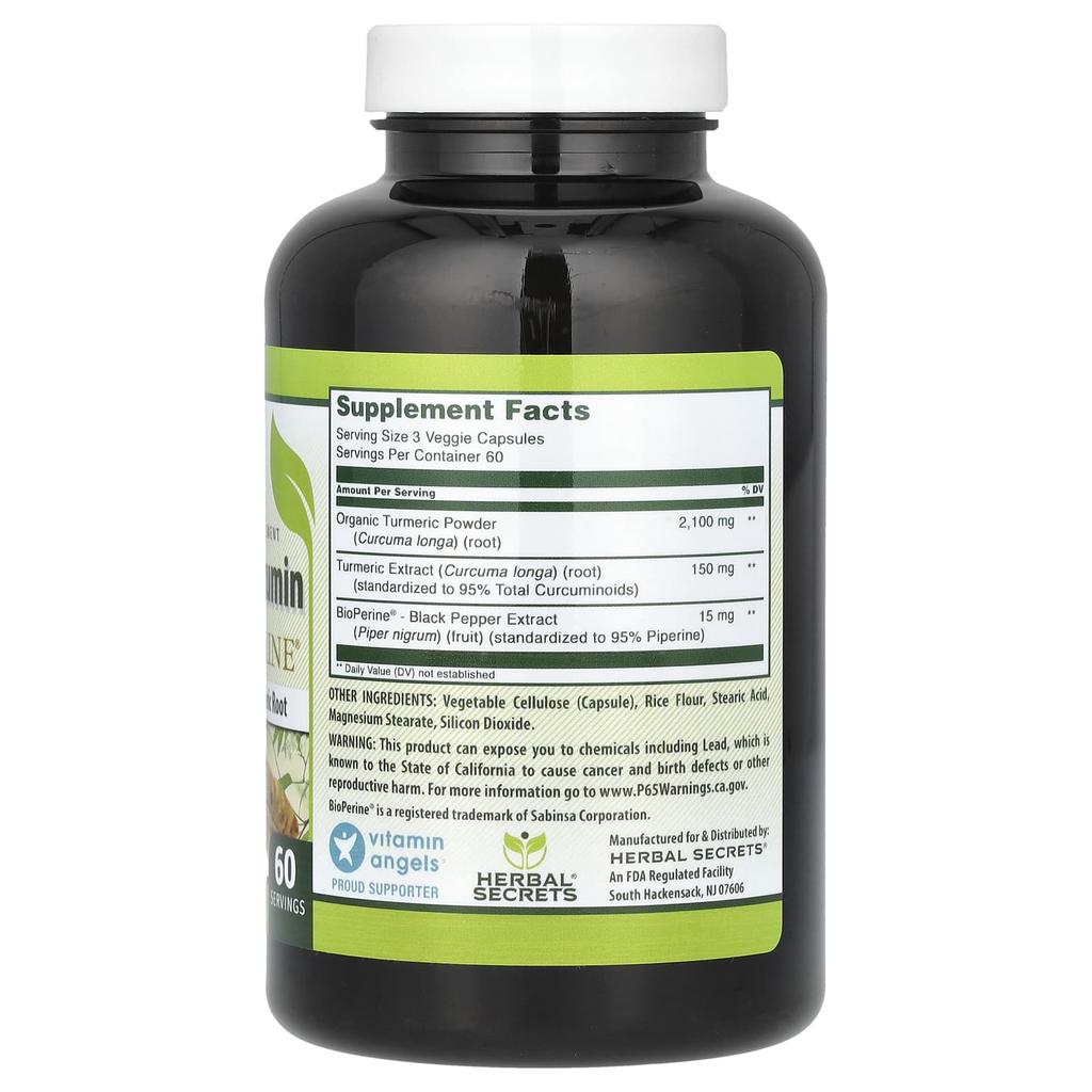 Herbal Secrets Turmeric Curcumin, Contains Bioperine, 1,500 Mg, 180 Veggie Capsules (750 Mg Per Capsule)