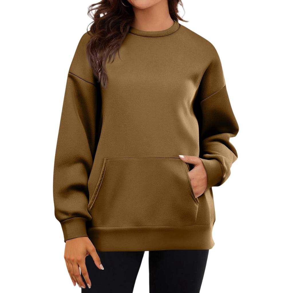 Women's Casual Fashion Long Sleeve Solid Color Round Neck Sweatshirt Top With Pockets