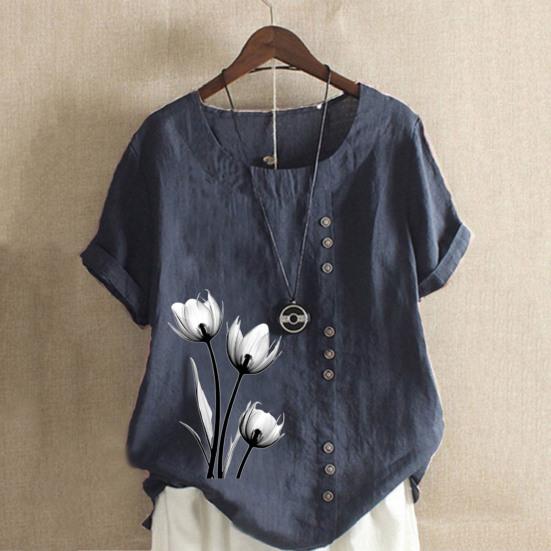 Женская летняя футболка с короткими рукавами и круглым вырезом, пуловер с пуговицами, декор с цветочным принтом, винтажный стиль, женский топ