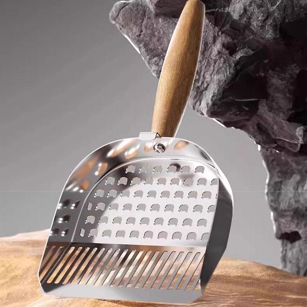 2 in 1 Cat Litter Scoop Stainless Steel Wood Handle Cat Poop Sifting Tool Hollow Out Comfortable Grip Pet Waste Shovel