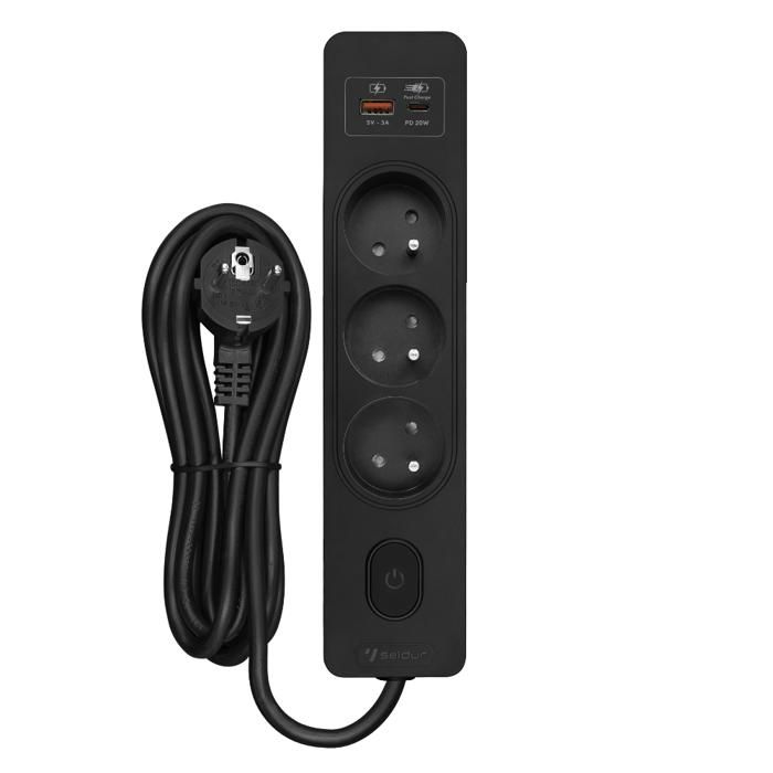 Multiprise SELDUR G3FH32S, 3 prises type E + interrupteur, USB A+C charge rapide 20W, Noir, câble 3m