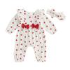 Baby Girl Valentine's Day Romper Heart Print Long Sleeve Crew Neck Ruffled Full Length Jumpsuit with Bow Headband