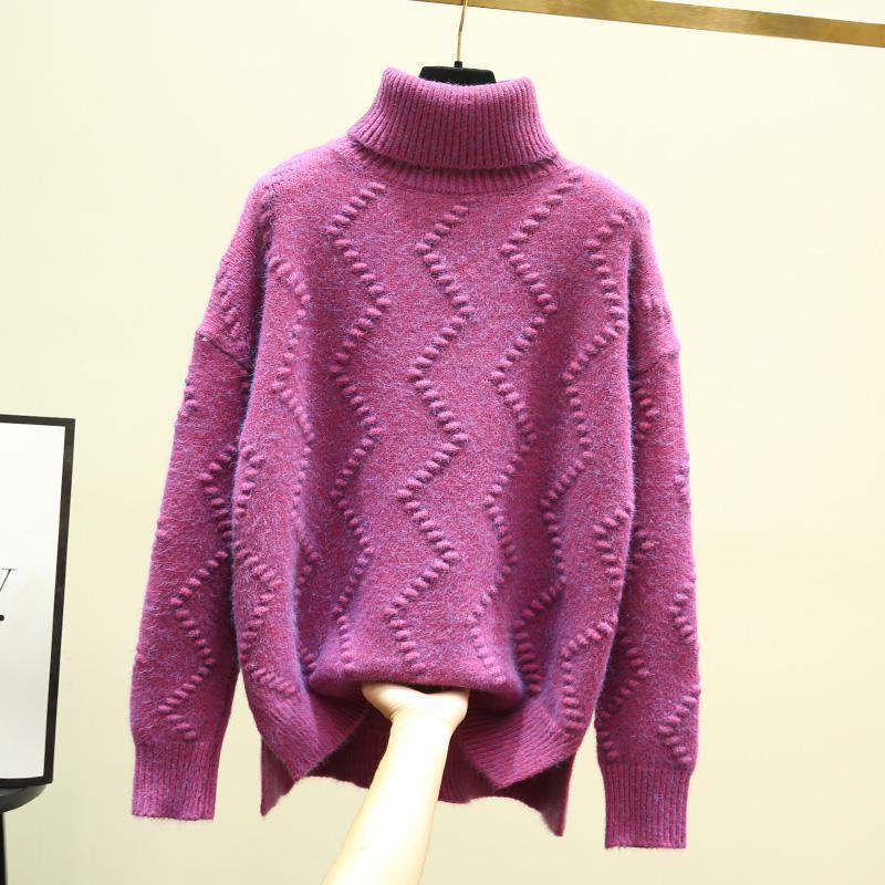 Высокий воротник и лацканы Женский толстый свитер Осень и зима Разрез по низу Длинный свободный пуловер Вязаный свитерjavascript: