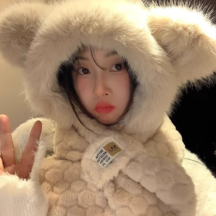 Плюшевая шапка-медведь женский зимний шарф интегрированный теплый утолщенный шарф милый холодный зимний защита ушей комплект из двух предметов