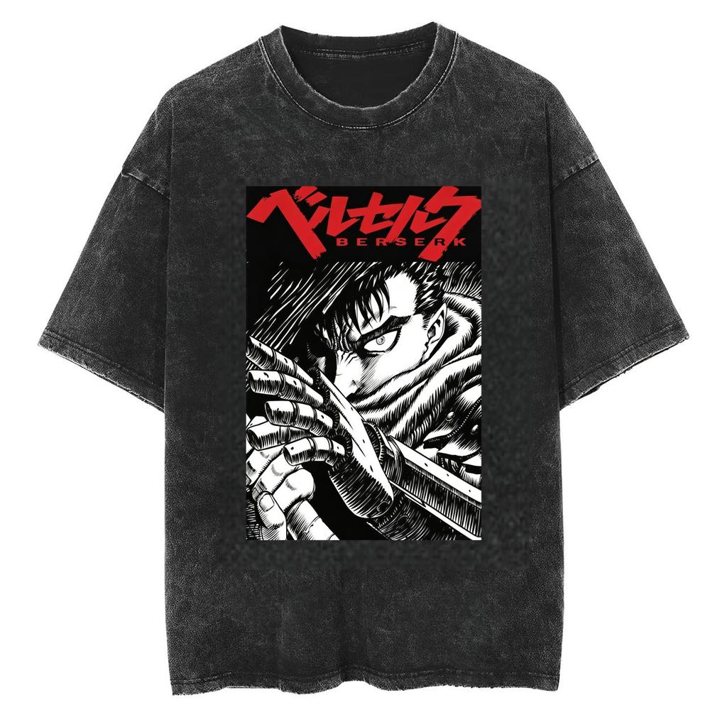 2026 Berserk Guts Anime Print Vintage Washed Adult T Shirt Men Black Distressed Short Sleeve Casual Tees