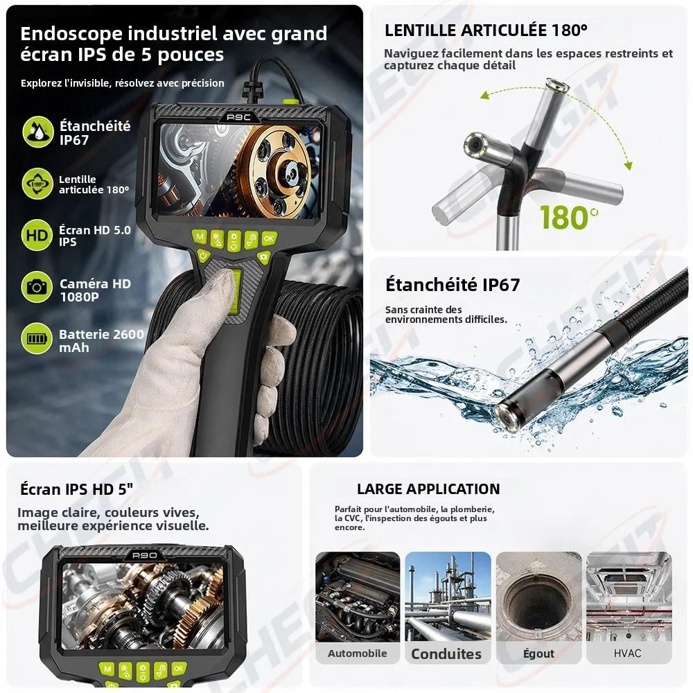 360 Articulating Borescope 1080P 6.0mm 5.0inch LPS Monitor Industrial Inspection Camera IP67 Waterproof Sewer Camera With LED