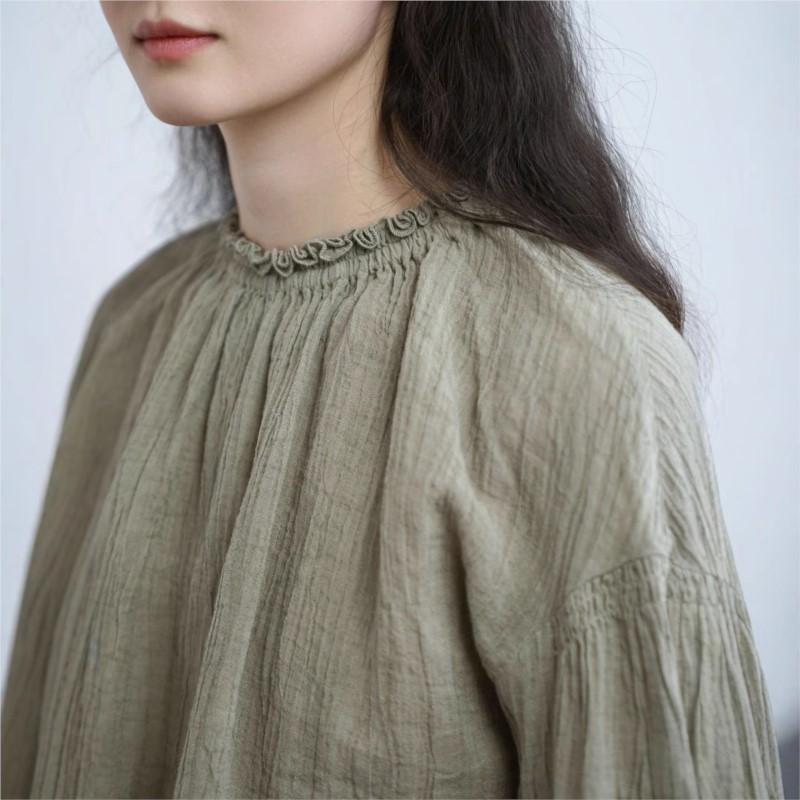 Johnature Женские винтажные футболки однотонные весенние с длинным рукавом с круглым вырезом в китайском стиле женские свободные футболки