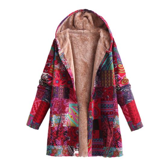 Women Winter Coat Vintage Ethnic Printing Patchwork Plush-lined Hooded with Pockets Mid Length