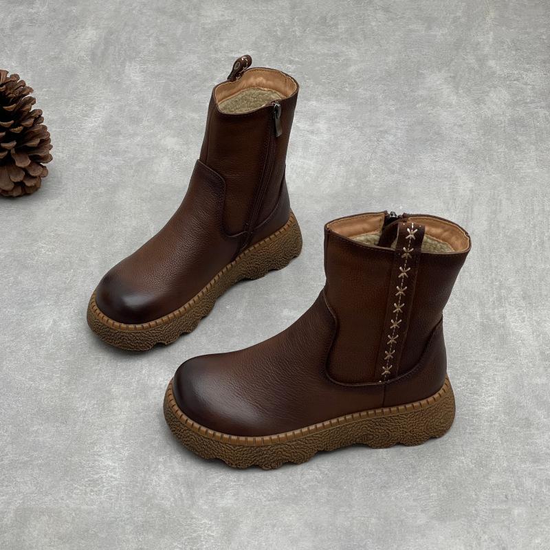 Johnature Винтажные женские сапоги из коровьей кожи с круглым носком, утепленные и на толстой подошве, из натуральной кожи, сапоги до середины икры