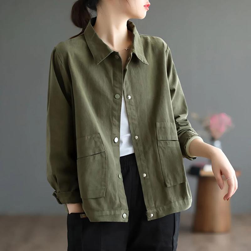 Cotton Jacket Women Autumn Short Casual Button Jacket Loose Simple Large Size Long Sleeve Tops