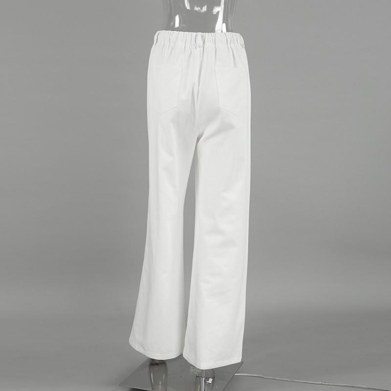 Womens Loose Wide Leg Cotton Pants With Elastic Waist Tie Detail White Casual Trousers Office Streetwear