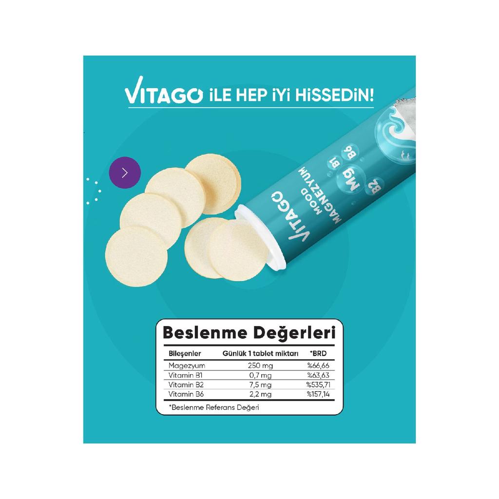 Упаковка из 20 шипучих таблеток для улучшения настроения, содержащих магний, витамин B1, витамин B2 и витамин B6.