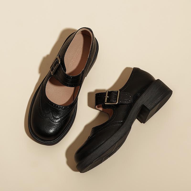 Женские туфли-броги «Мэри Джейн» в стиле ретро — круглый носок, толстый каблук, неглубокая горловина, идеально подходят для осени и зимы.