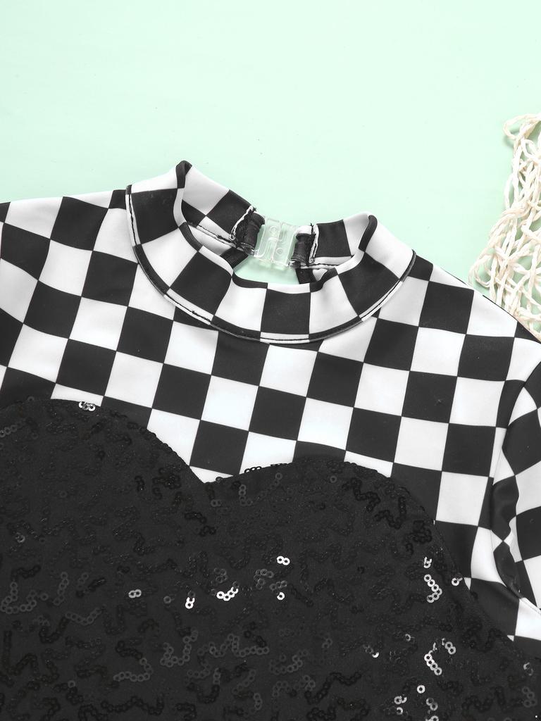 Kids Girls Racer Costume Long Sleeve Sequin Bowknot Keyhole Back Bodysuit for Halloween Cosplay Dress Up Performance