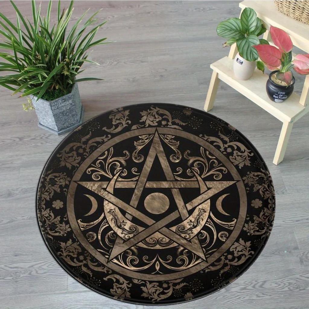 Круглый ковер с изображением пентаграммы и луны в космическом стиле для гостиной, столовой, спальни, стула, коврика для детей, прачечной, балкона, нескользящего ковра для домашнего декора