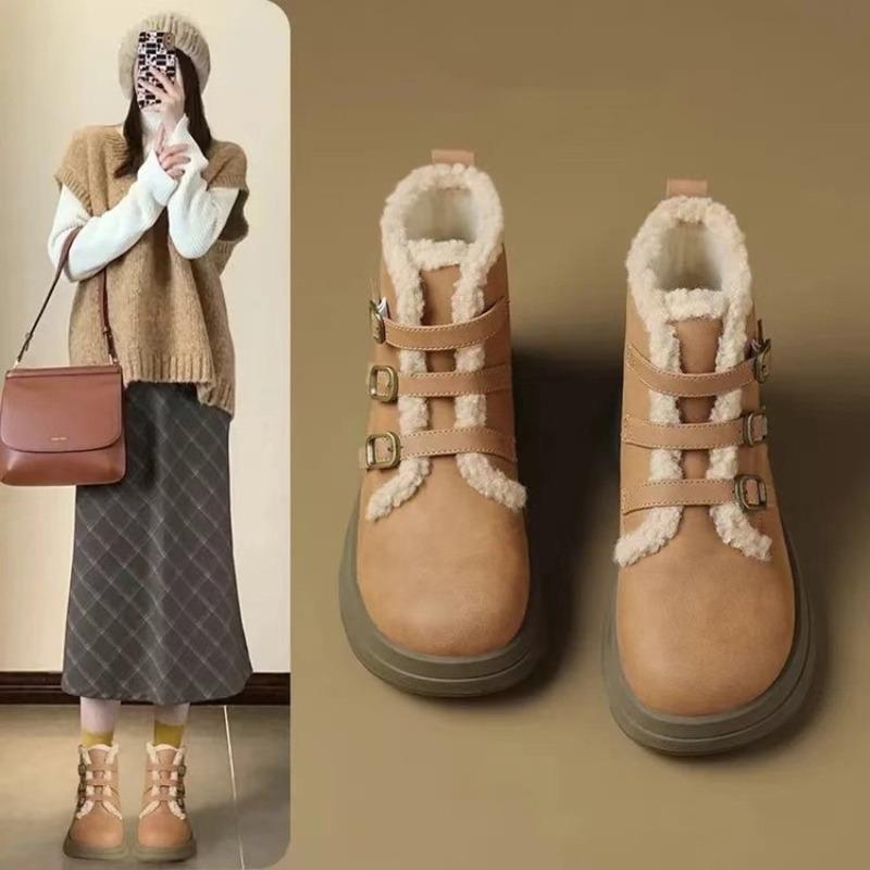 Plush Snow Boots Women's Winter Thick-soled Plush Cotton Shoes One-word Buckle Warm and Non-slip Short Boots Cotton Shoes