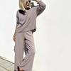 2 шт./комплект женский топ брюки костюм круглый вырез длинный рукав трикотажные сплошной
