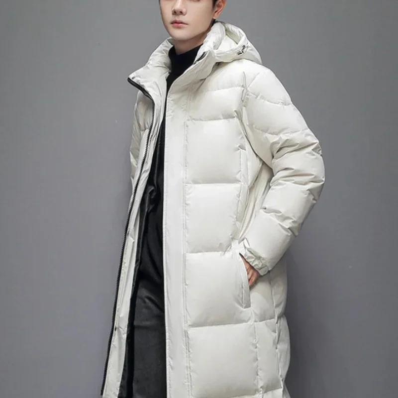 Унисекс Теплая куртка-пуховик Мужская толстая однотонная парка с капюшоном на молнии Женская длинная зимняя куртка выше колена с начесом