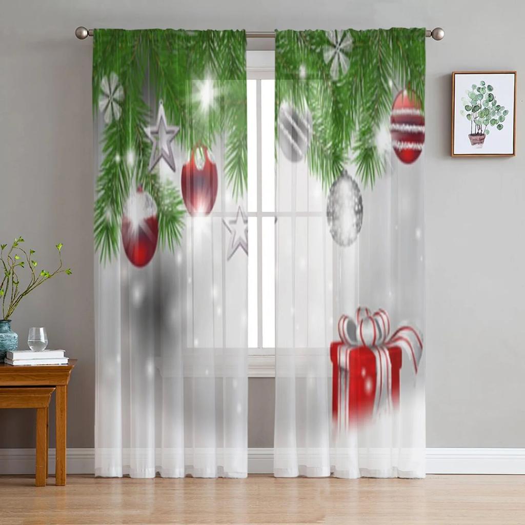 Рождественские сосновые иголки, снежинки, деревянная тюль-занавеска для гостиной, спальни, Рождественский декор, оконная вуаль, тюлевая занавеска