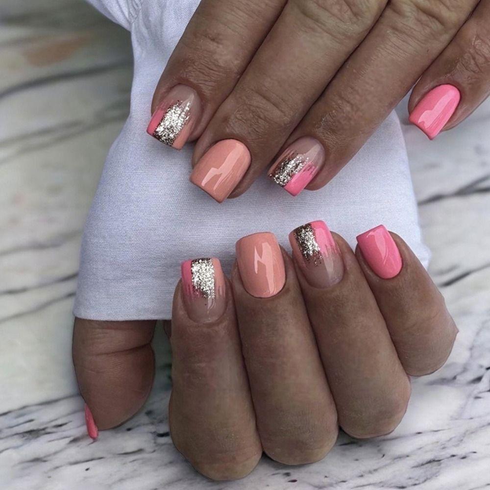 Fashion Short Round False Nails French Aurora Slices Fake Nails Pink Silver Tiger Stripe Full Cover Nail Tips for Salon