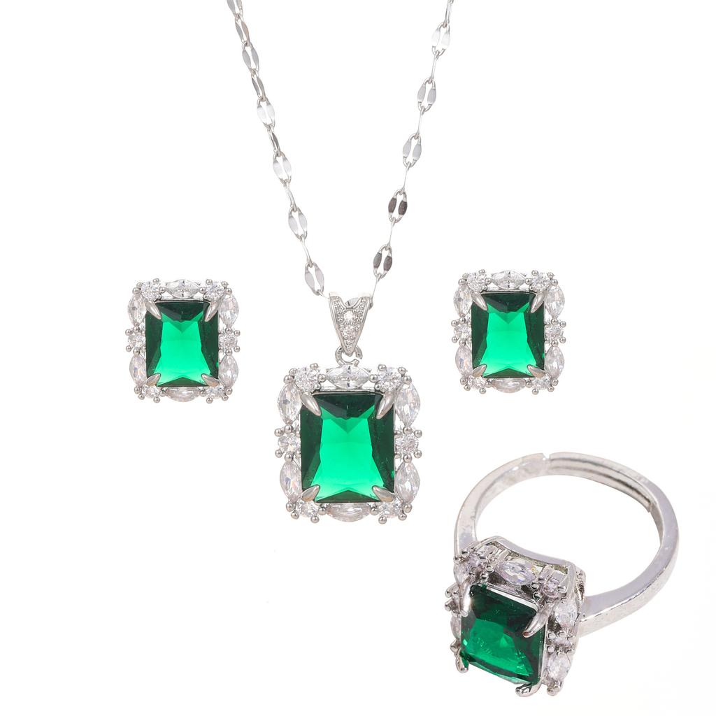 Emerald Necklace Women'S Retro Versatile Temperament Zircon Earrings Ring Necklace Set