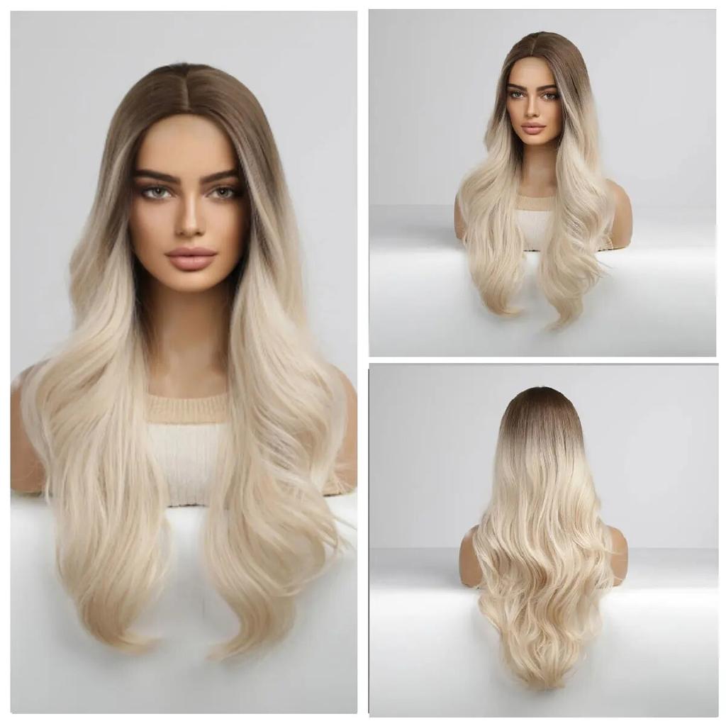 Длинные коричневые синтетические парики с эффектом омбре для женщин, волнистые парики из натуральных волос, средняя часть, женский парик, косплей, термостойкие волокна, парики