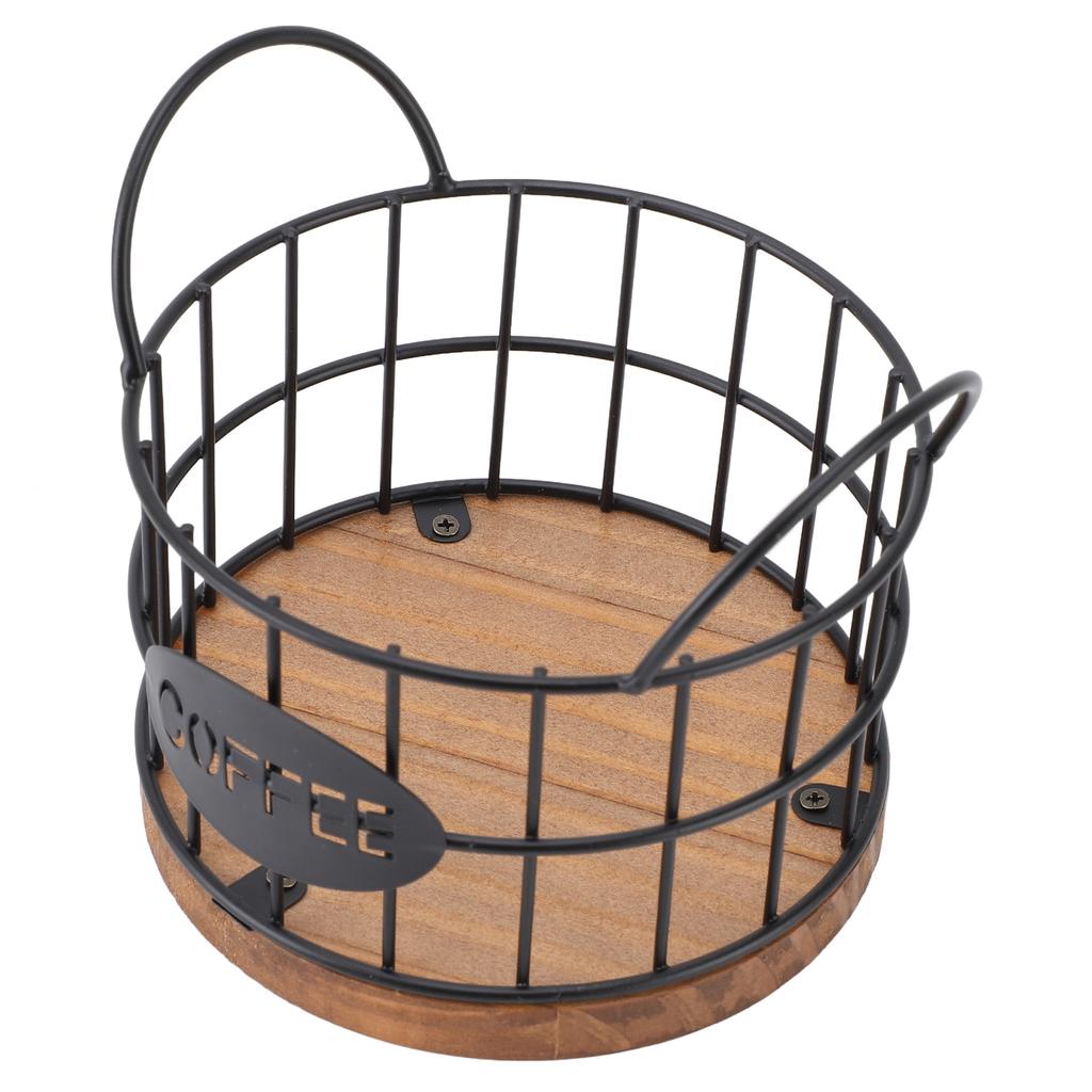Coffee Pod Basket Round Iron Wire Storage Basket Large Capacity Coffee Capsule Holder with Wooden Ba