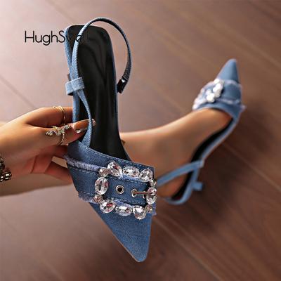 Модные роскошные сандалии-слингбэки с квадратной пряжкой из кристаллов, женские модные туфли-лодочки из денима с острым носком и каблуком-рюмочкой, женские блестящие туфли со стразами для вечеринки