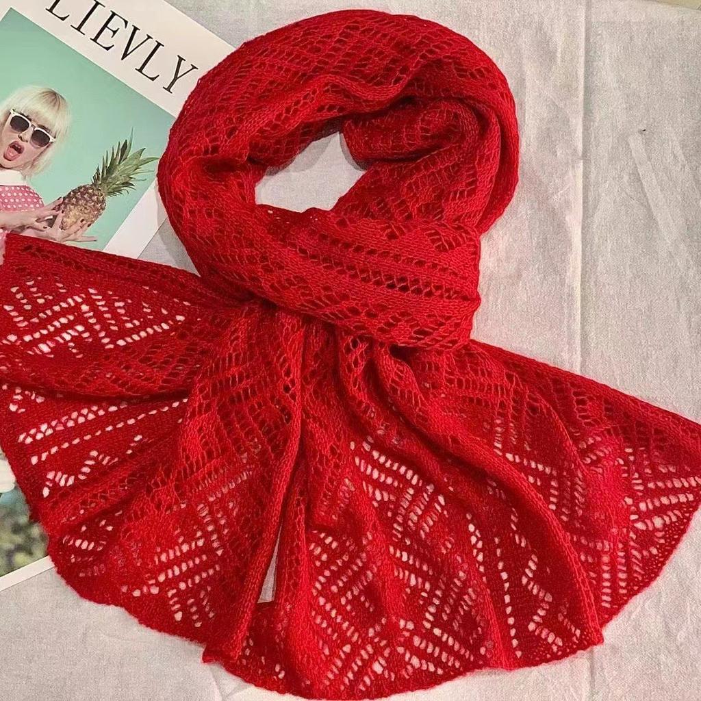 New Hollow Solid Color Knitted Scarf for Women Autumn and Winter Hollow Warm Scarf Versatile Retro Scarf
