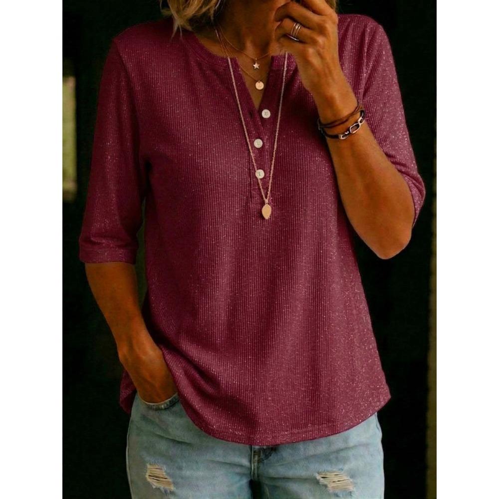 Женская рубашка-henley с V-образным вырезом, рукавом три четверти, свободная, повседневная блузка