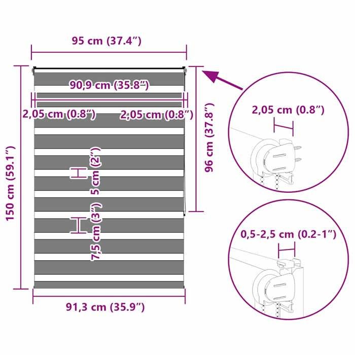 VidaXL Store zèbre gris clair largeur du tissu 90,9 cm polyester, store à enrouleur zébré, store zébré pour fenêtre, store 4014442