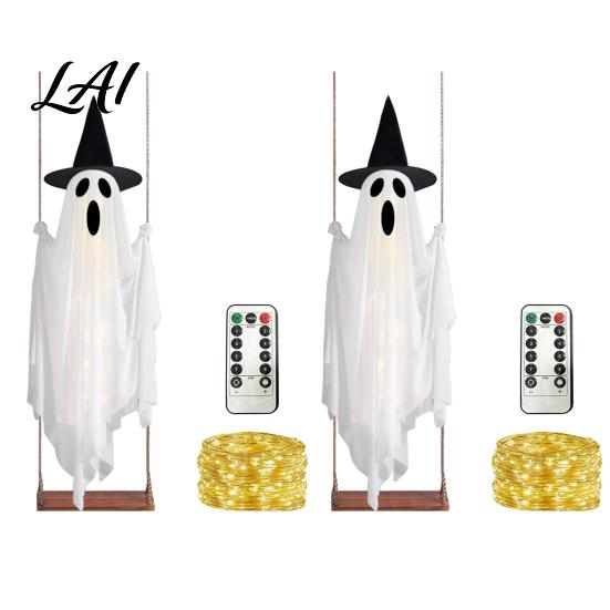 Large Floating Ghost Yard Prop Luminous Halloween Hanging Swing with Witch Hat Remote-controlled Adjustable Swinging for Patio Trees Brightness,