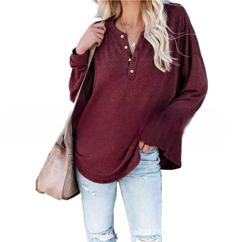 INDFS Женская мода Повседневный однотонный принт Весна Осень Длинные рукава V-образный вырез Пуловеры и длинные рукава