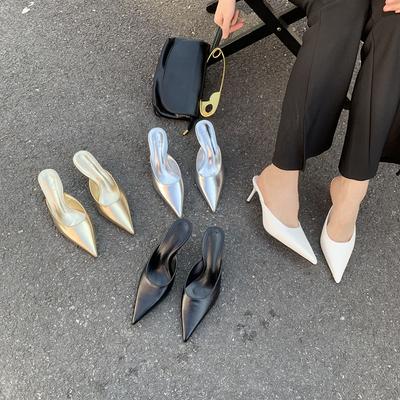 Мода остроносые женские шлепанцы тапочки наружные мюли черные золотые серебряные белые тонкие высокие каблуки летние наружные мюли офисные