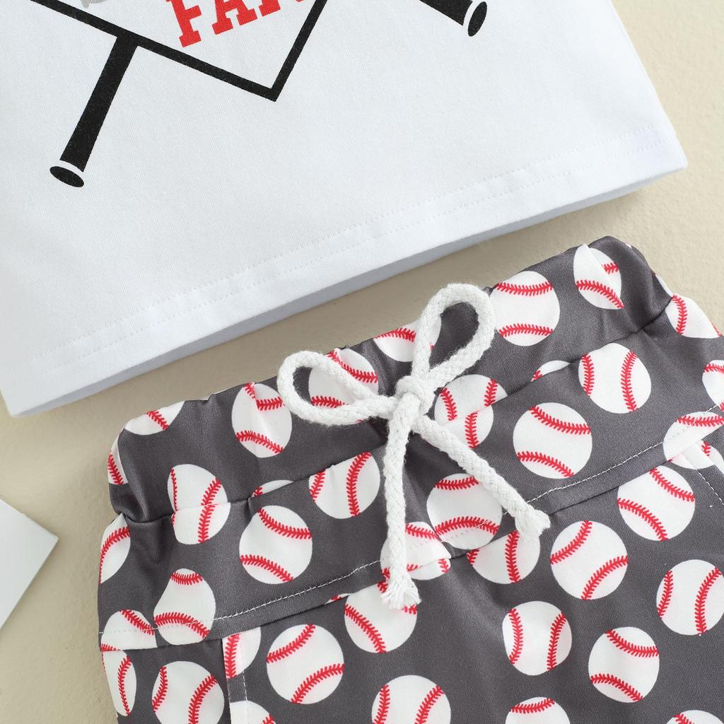 Комплект шорт для маленьких мальчиков 3, 6, 12, 18, 24 месяца, 3 года, футболка с короткими рукавами и круглым вырезом с буквенным принтом и шорты с бейсбольным узором, комплект из 2 предметов