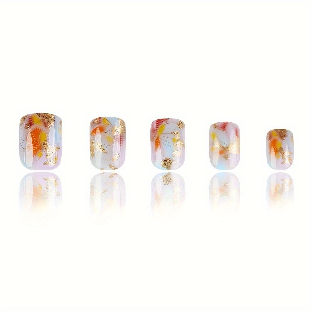 24 шт. многоразовых розовых цветочных глянцевых квадратных коротких накладных ногтей с золотыми блестками для женщин - набор для накладных ногтей