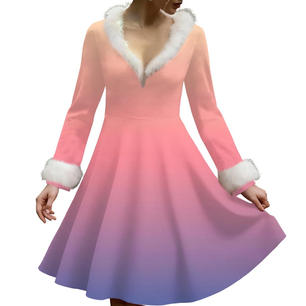 Женское повседневное платье с V-образным вырезом, рождественским принтом, плюшевыми длинными рукавами