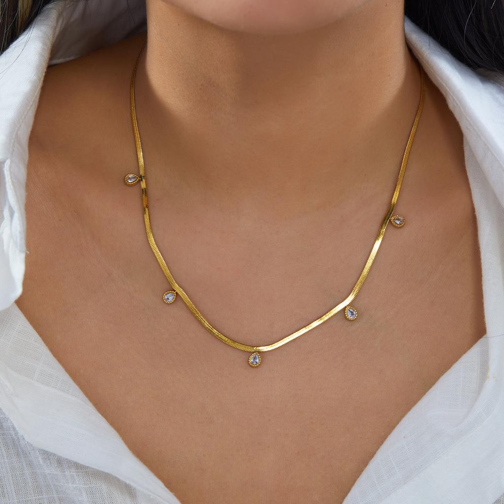 Elegant Teardrop Zircon Snake Chain Necklace for Women 316L Stainless Steel Gold Color Multi-Drop Pendant Sparkling Jewelry Gift