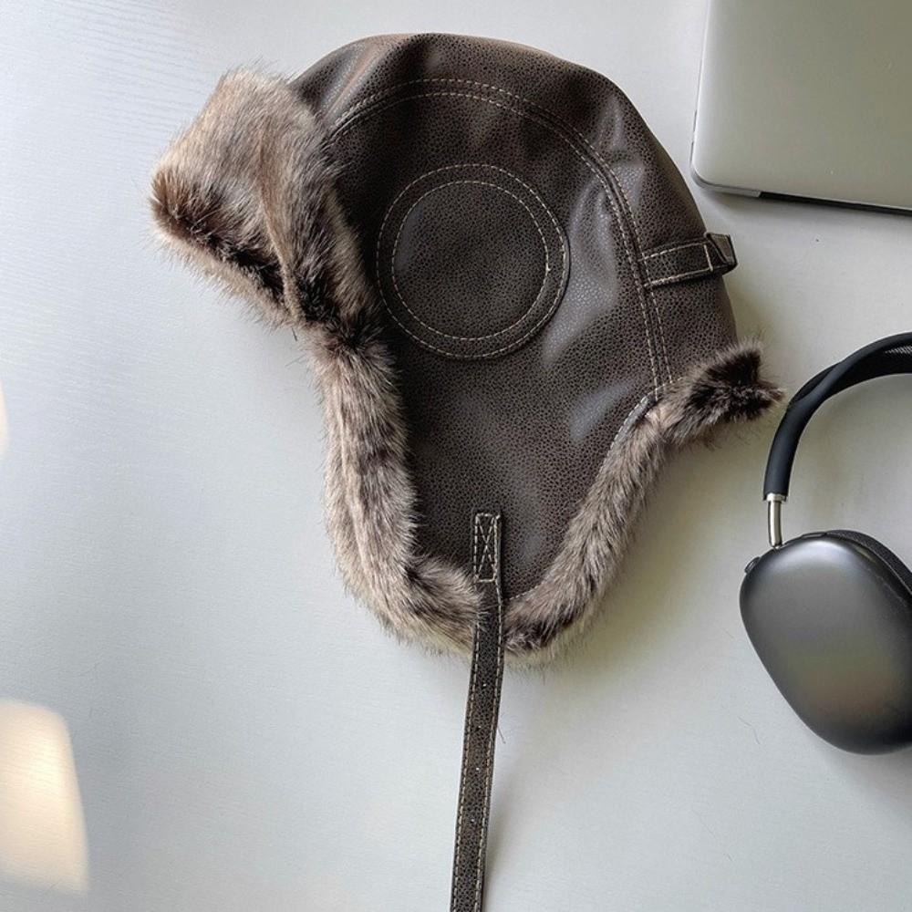 Faux Fur Lined Winter Trapper Hat Leather Snow Cap With Ear Flap Women Men Ski Ushanka