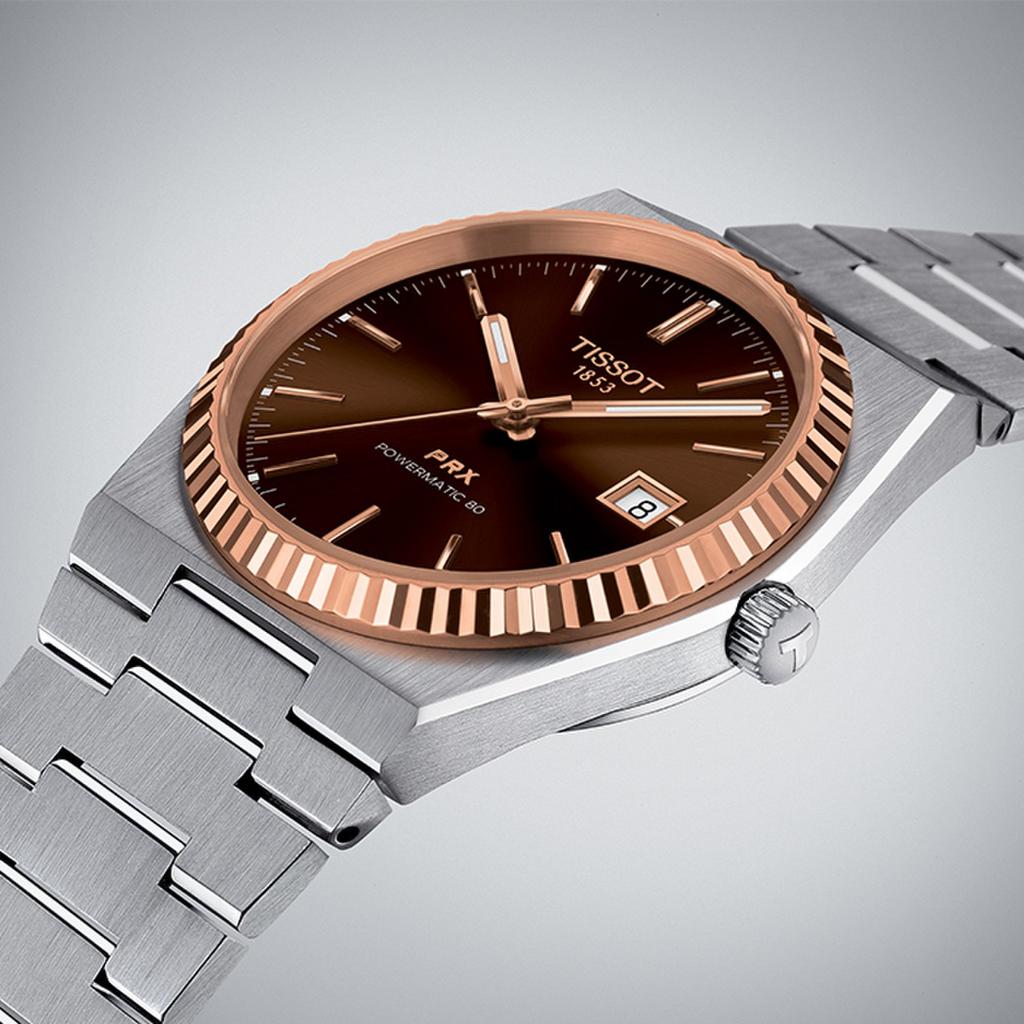 [Tissot] PRX 40mm Powermatic 80 18K Solid Rose Gold Bezel Exclusive Brown Dial Stainless Steel Bracelet Men's Watch (T931.407.41.291.00)