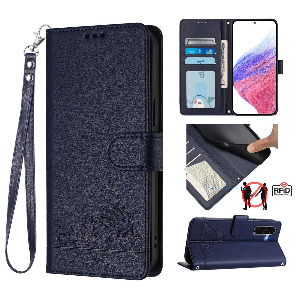For Samsung Galaxy A36 5G Case with Strap RFID Blocking Leather Wallet Phone Cover Cat Mouse Pattern