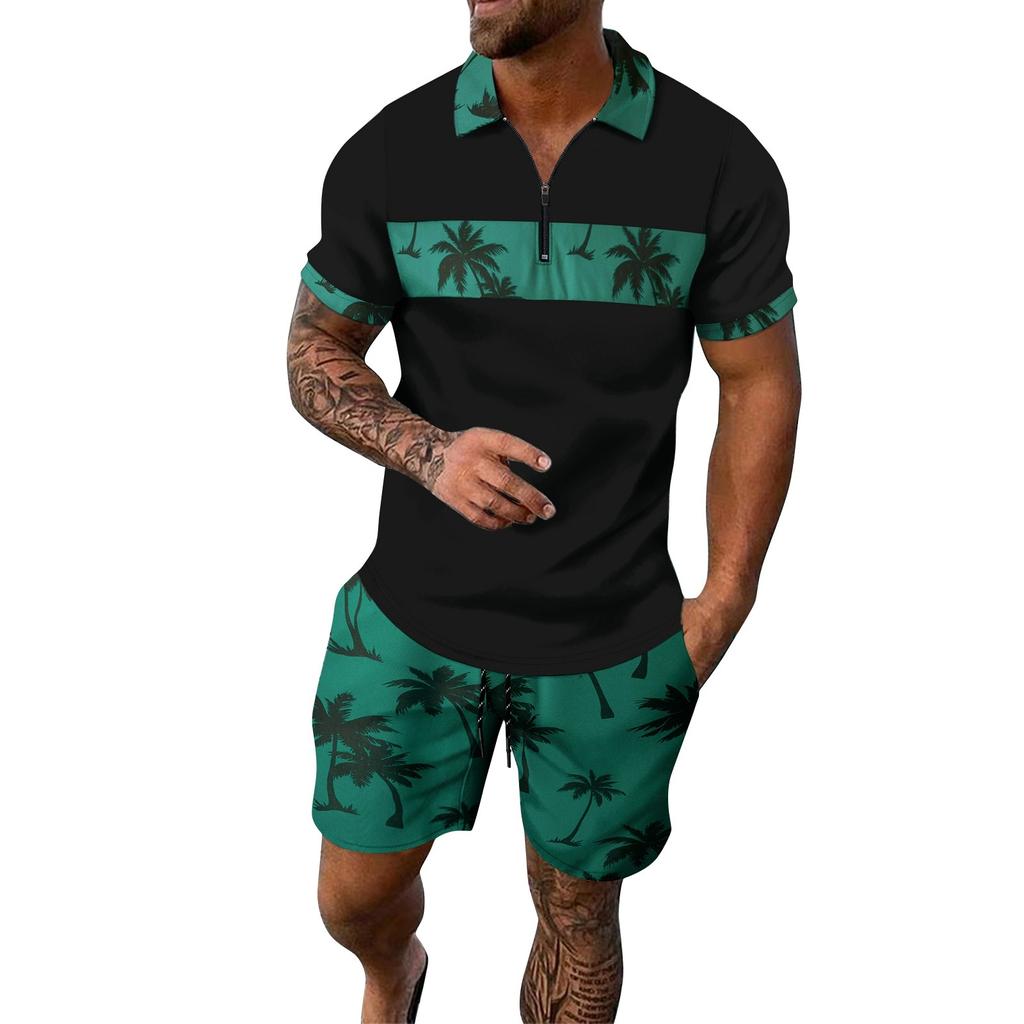 Мужской летний гавайский принтованный костюм с коротким рукавом и застежкой-молнией и лацканами, повседневный спортивный костюм для мужчин