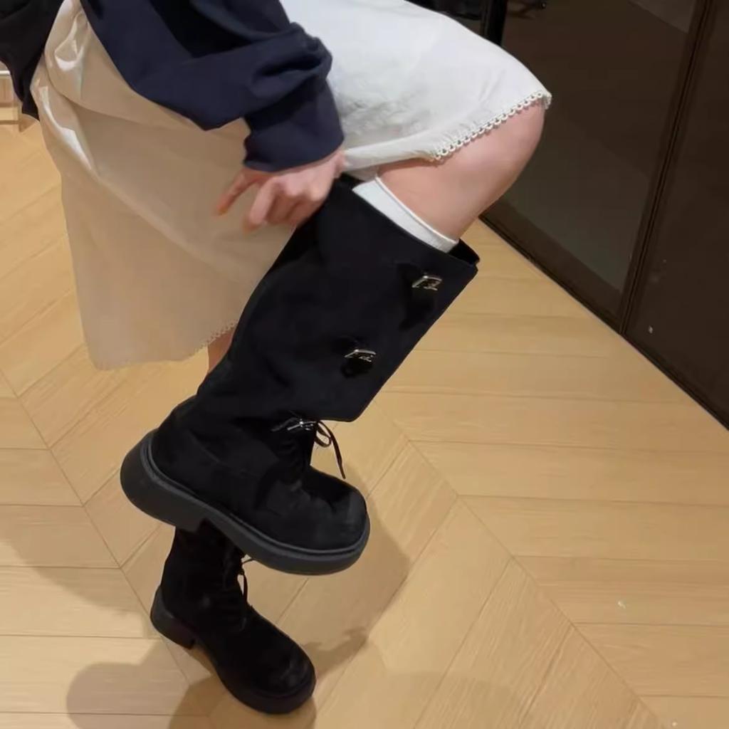 Женские ботфорты до колена Осенние Новые Гладиаторские Рыцарские Сапоги Модные Нескользящие Платформа Пряжка Уличные Высокого Качества Botas Mujer