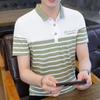 Летняя мужская футболка с короткими рукавами, корейская версия рубашки поло с лацканами, полосатая молодежная нижняя рубашка с половиной рукавов, красивый топ