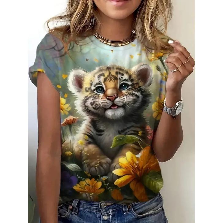 Round Neck Short Sleeved Animal T-shirt with Fish Tiger Horse Pattern 3D Printed Women's T-shirts
